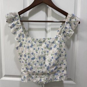 Kirious Los Angeles Floral Ruffle Sleeve Top - White and Blue